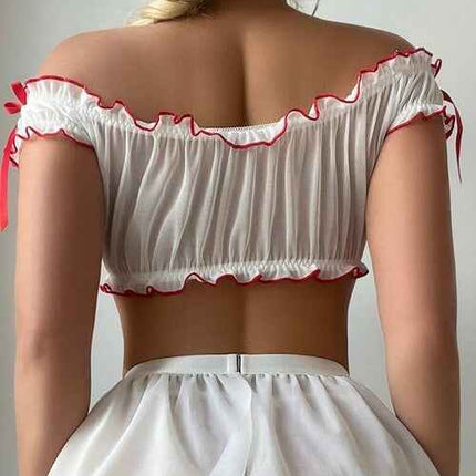 Women's Nurse Costume Set Off Shoulder Dress Puff Skirt & Stockings Cosplay Outfit