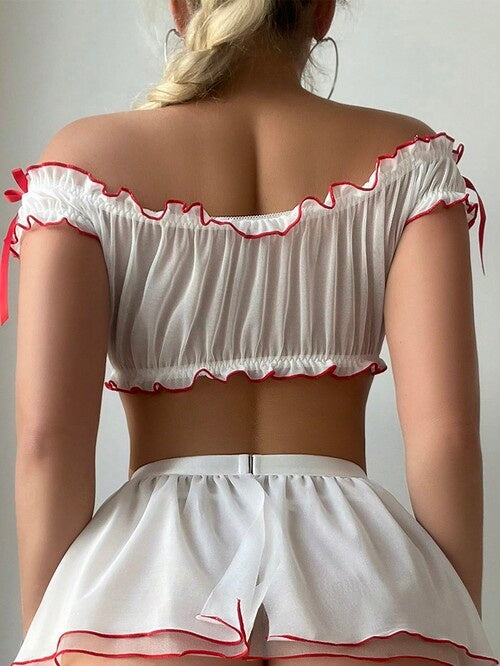 Women's Nurse Costume Set Off Shoulder Dress Puff Skirt & Stockings Cosplay Outfit