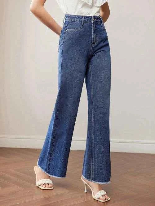 Women's Premium Raw Edge Flare Leg Jeans with Zipper Fly Blue