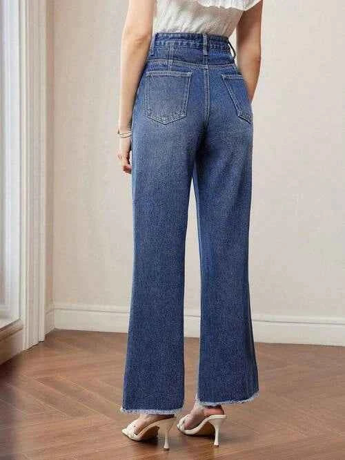 Women's Premium Raw Edge Flare Leg Jeans with Zipper Fly