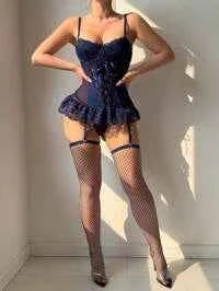 Premium Sexy Lace Patchwork Mesh Bra Set with Garter Belt & Stockings Navy