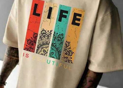 Men's Premium Graffiti Print Casual Short Sleeve T-Shirt Beige