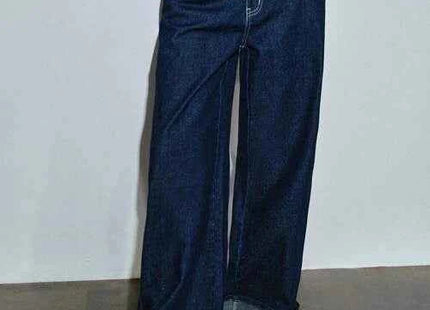 Women's Premium High-Waisted Contrast Stitch Wide Leg Jeans with Cuffed Raw Hem Navy