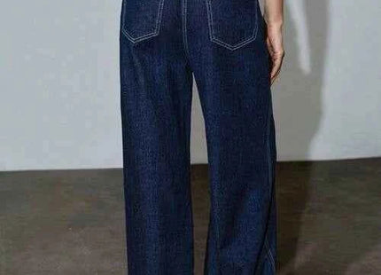 Women's Premium High-Waisted Contrast Stitch Wide Leg Jeans with Cuffed Raw Hem