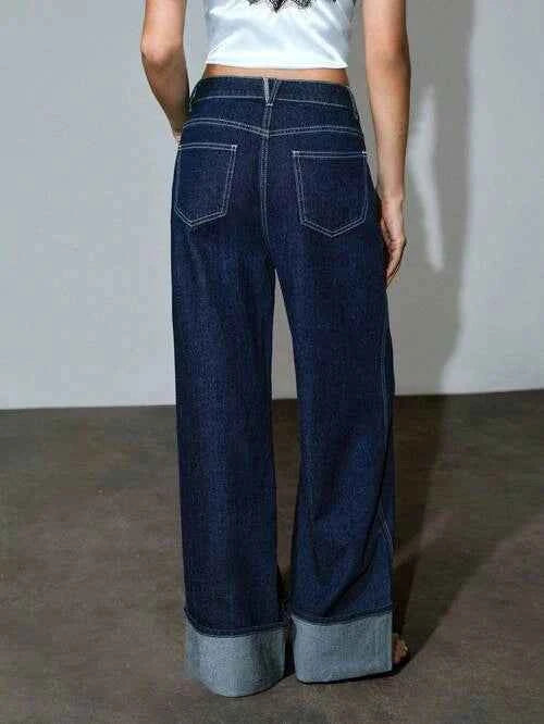 Women's Premium High-Waisted Contrast Stitch Wide Leg Jeans with Cuffed Raw Hem