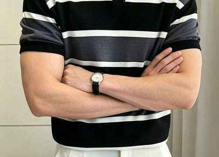 Men's Premium Black & White Striped Polo Shirt Striped
