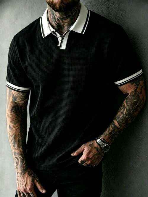 Men's Premium Contrast Trim Short Sleeve Polo Shirt Black