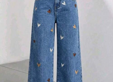 Girls' Premium Heart Embroidered Wide Leg Jeans