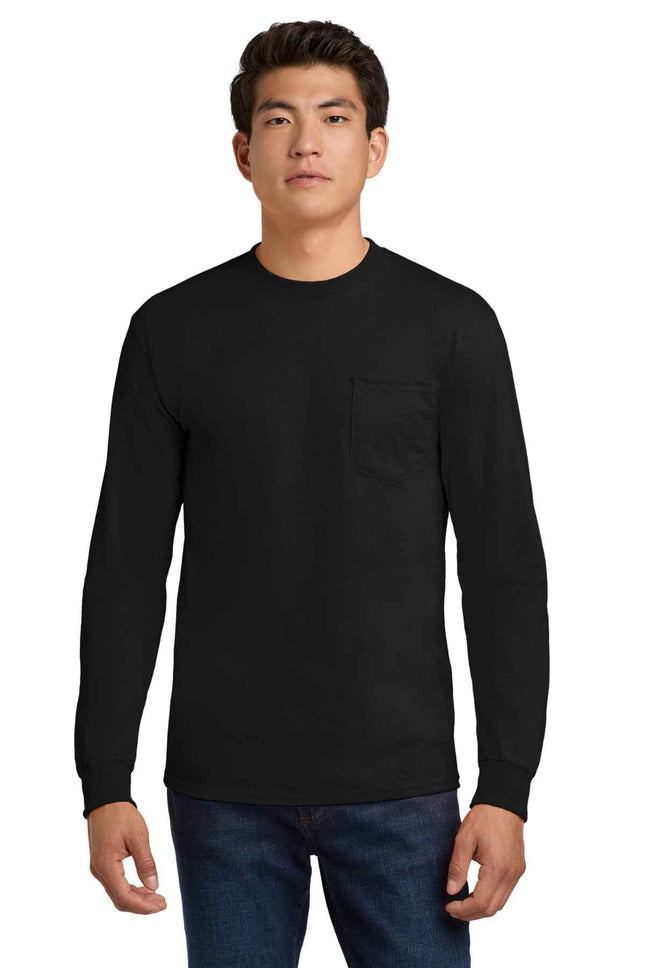 Gildan Ultra Cotton 100% US Cotton Long Sleeve T Shirt with Pocket 2410 Black