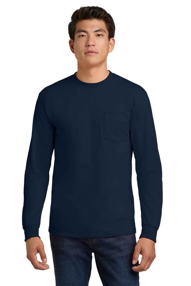 Gildan Ultra Cotton 100% US Cotton Long Sleeve T Shirt with Pocket 2410 Navy