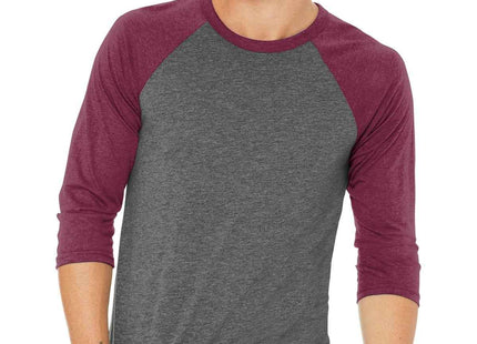 BELLA+CANVAS Unisex 3/4Sleeve Baseball Tee BC3200 Grey Maroon Triblend