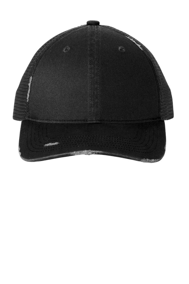 Port Authority Distressed Mesh Back Cap C600 Black Black OSFA