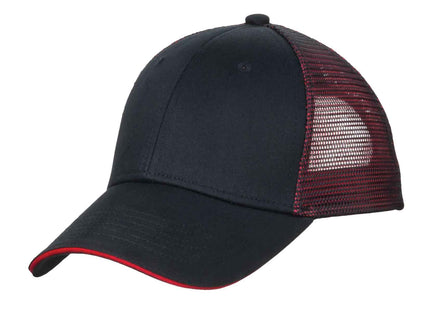 Port Authority Double Mesh Snapback Sandwich Bill Cap C818 Black Red OSFA