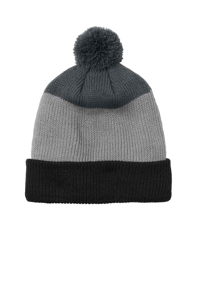 Port Authority Cozy Striped Pom Beanie C979 Deep Black Gusty Grey Storm Grey OSFA