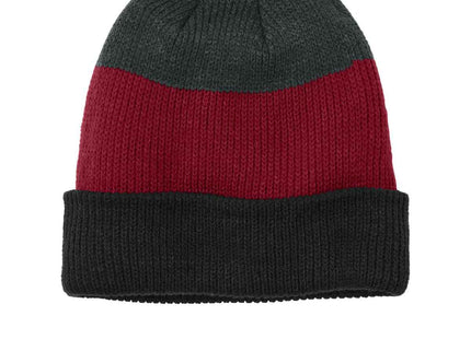 Port Authority Cozy Striped Pom Beanie C979 Deep Black Rich Red Charcoal Heather OSFA