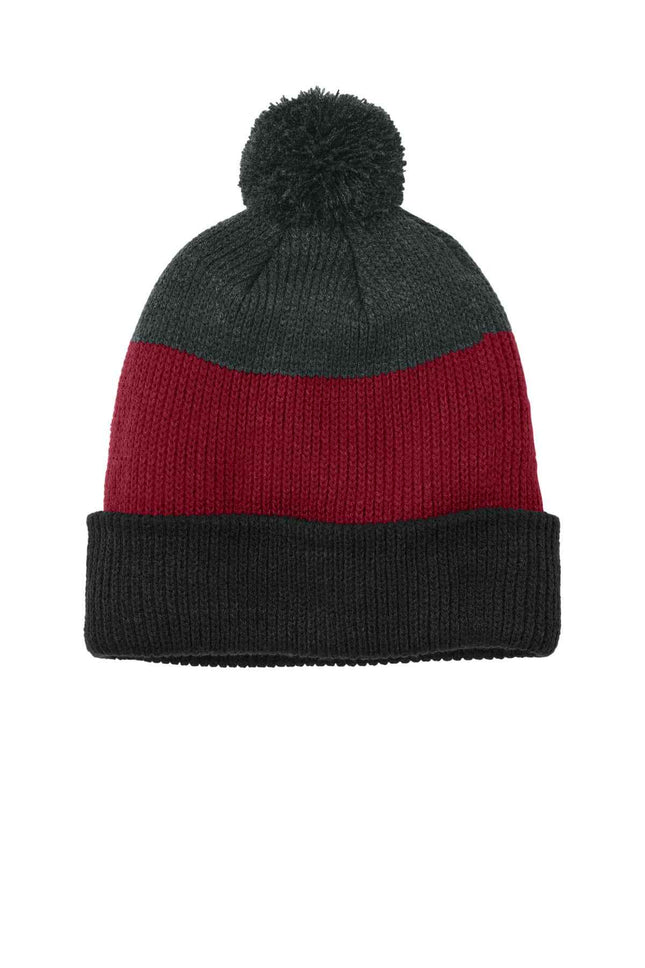 Port Authority Cozy Striped Pom Beanie C979 Deep Black Rich Red Charcoal Heather OSFA