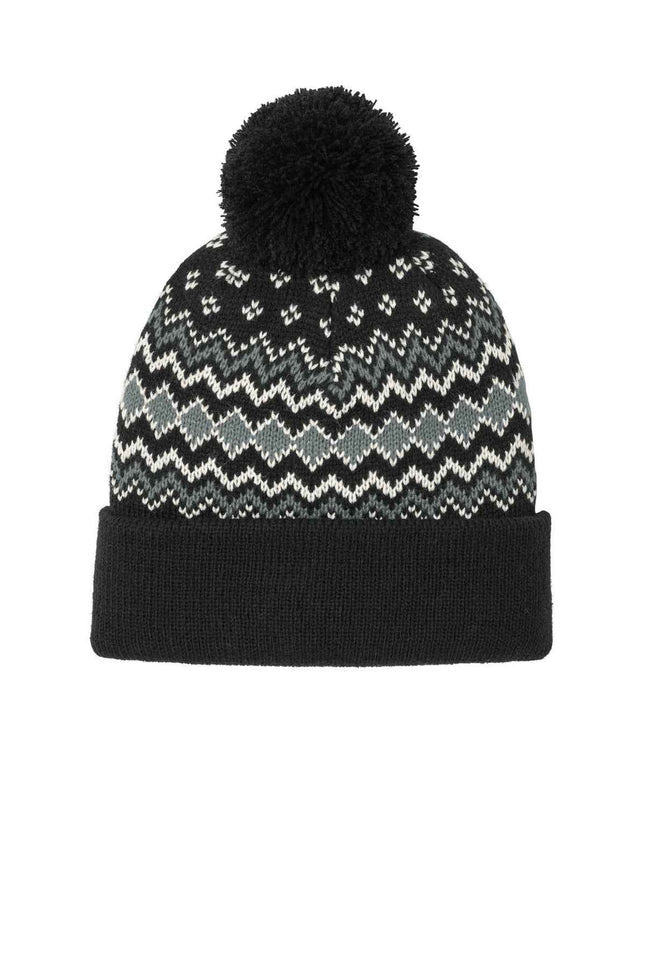 Port Authority Alpine Pom Beanie C991 Deep Black Gusty Grey Marshmallow OSFA