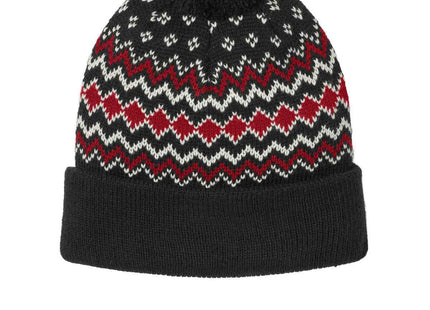 Port Authority Alpine Pom Beanie C991 Deep Black Rich Red Marshmallow OSFA