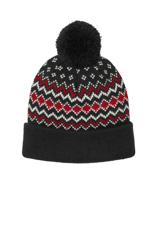Port Authority Alpine Pom Beanie C991 Deep Black Rich Red Marshmallow OSFA