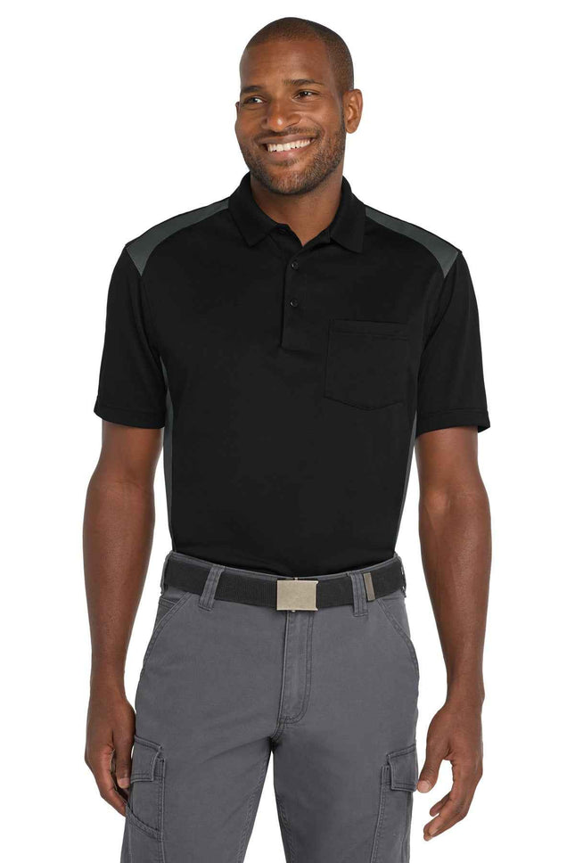 CornerStone Select SnagProof Two Way Colorblock Pocket Polo CS416 Black Charcoal