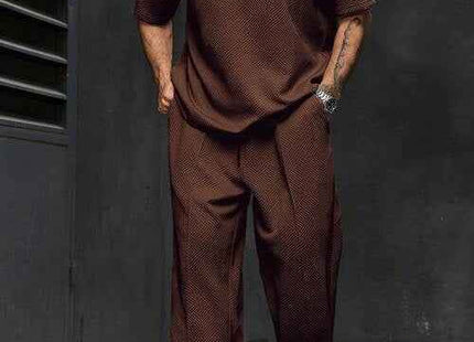 Men's Premium Solid Color Polo Shirt & Pants Set Coffee Brown