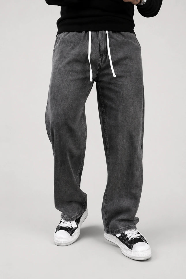 Men's Premium Washed Straight Cut Denim Jeans with Drawstring Elastic Waist