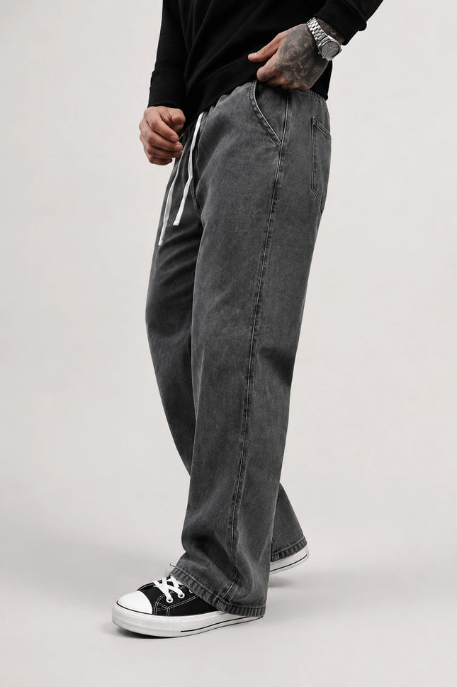 Men's Premium Washed Straight Cut Denim Jeans with Drawstring Elastic Waist