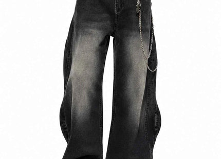 Men's Pocket Washed Wavy Design Wide-Leg Jeans Grunge Streetwear Denim Pants Black