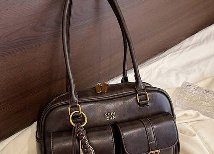 Women’s Retro Multi-Pocket PU Shoulder Bag with Detachable Charm