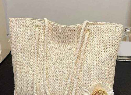Women’s Beige Straw Tote Bag with Daisy Detail