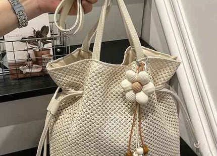 Women’s Cream Woven Bucket Tote Bag with Drawstring Detail