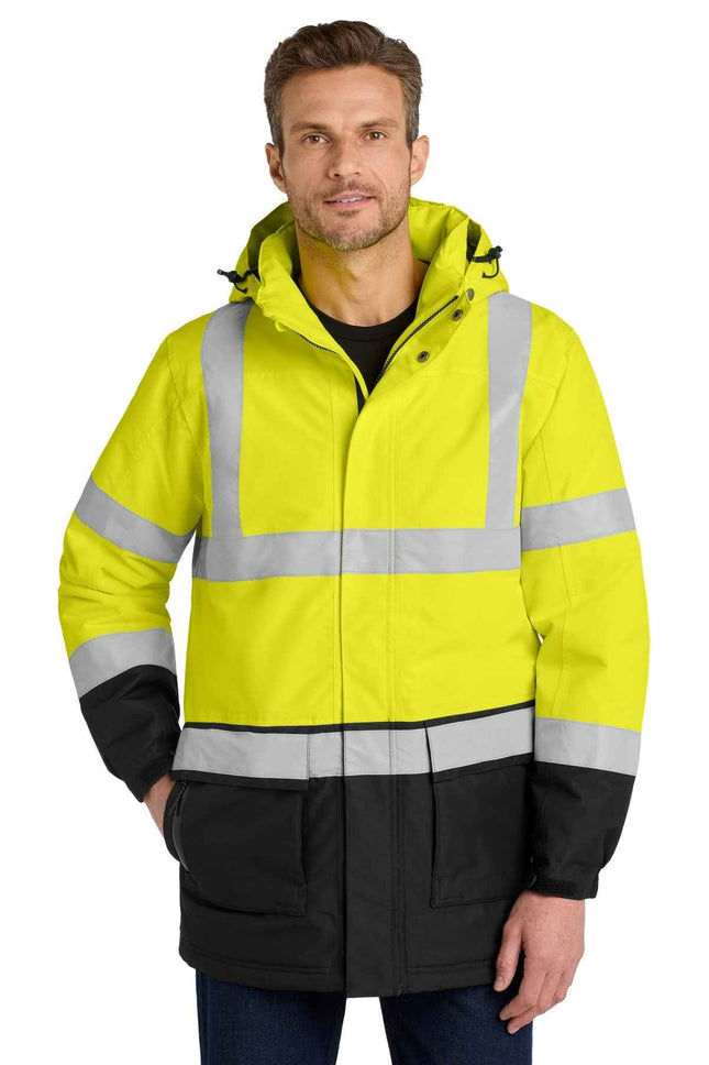 Port Authority ANSI 107 Class 3 Safety Heavyweight Parka J799S Safety Yellow Black Reflective