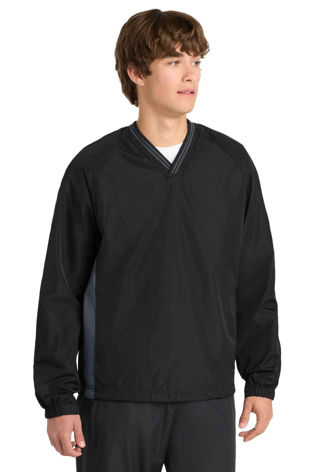 SportTek Tipped VNeck Raglan Wind Shirt JST62 Black Graphite