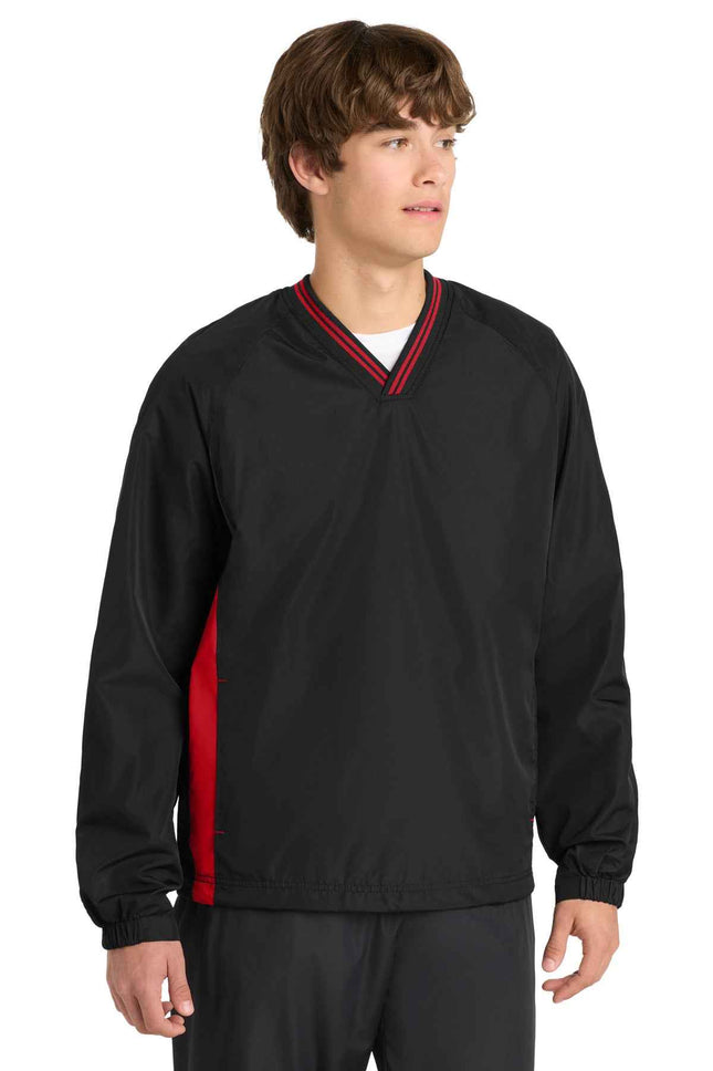 SportTek Tipped VNeck Raglan Wind Shirt JST62 Black True Red