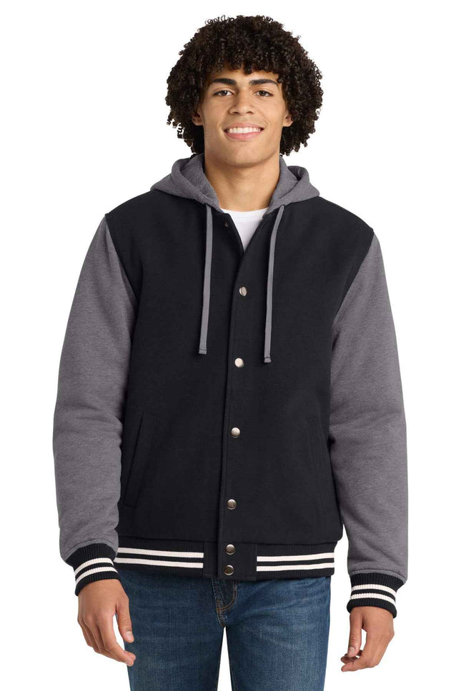 SportTek Insulated Letterman Jacket JST82 Black Vintage Heather