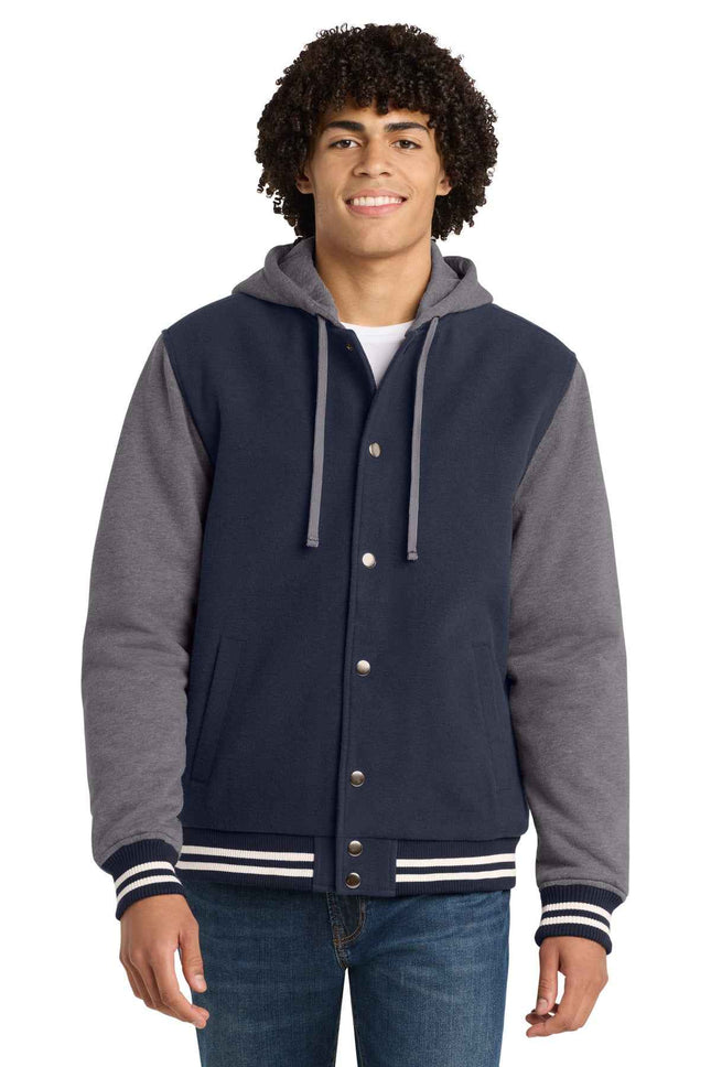 SportTek Insulated Letterman Jacket JST82 True Navy Vintage Heather