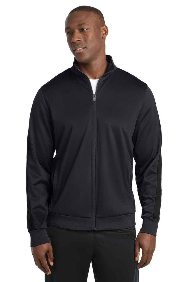 SportTek Tricot Sleeve Stripe Track Jacket JST94 Black Black