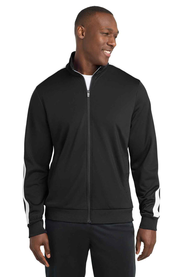 SportTek Tricot Sleeve Stripe Track Jacket JST94 Black White