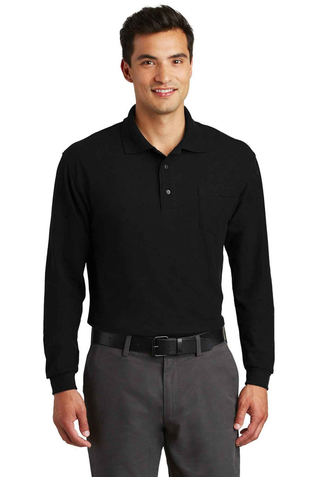 Port Authority Long Sleeve Silk Touch Polo with Pocket K500LSP Black