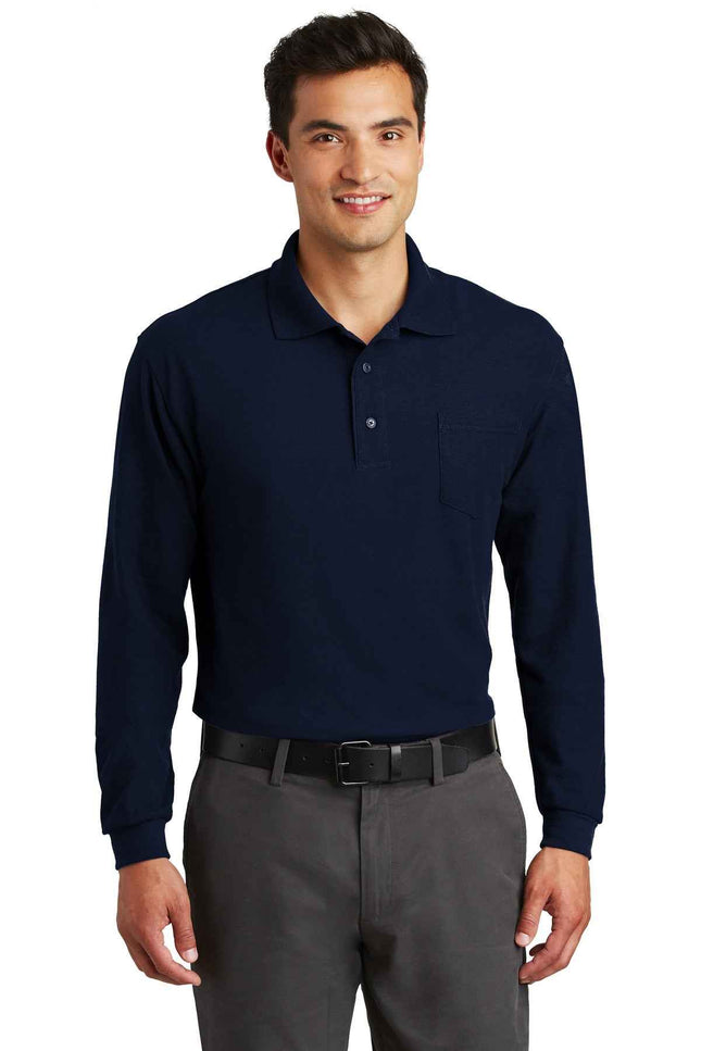 Port Authority Long Sleeve Silk Touch Polo with Pocket K500LSP Navy