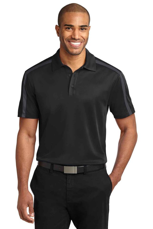 Port Authority Silk Touch Performance Colorblock Stripe Polo K547 Black Steel Grey