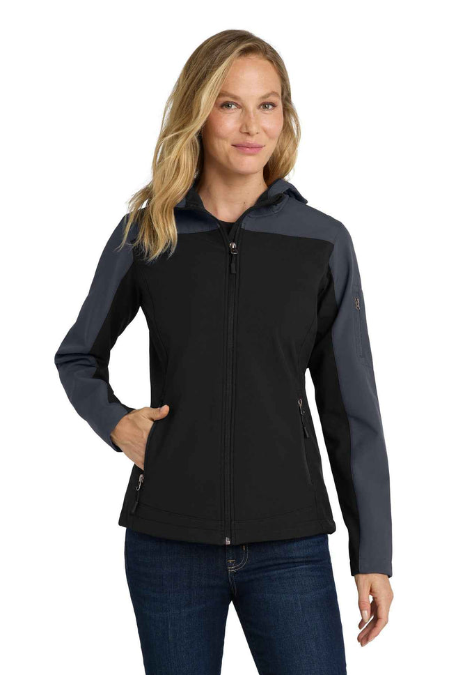 Port Authority Women's Hooded Core Soft Shell Jacket L335 Black Battleship Grey