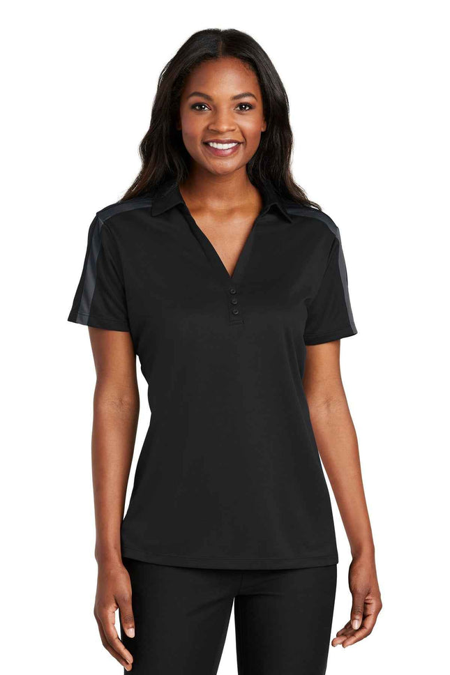Port Authority Women's Silk Touch Performance Colorblock Stripe Polo L547 Black Steel Grey