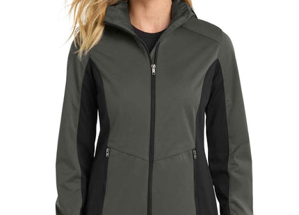 Port Authority Women's Active Hooded Soft Shell Jacket L719 Grey Steel Deep Black