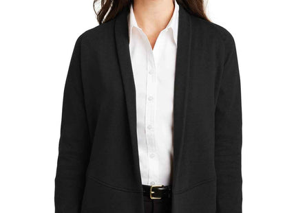 Port Authority Women's Interlock Cardigan L807 Deep Black Charcoal Heather