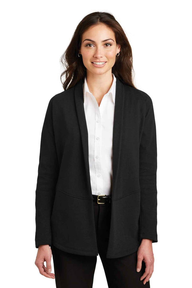 Port Authority Women's Interlock Cardigan L807 Deep Black Charcoal Heather