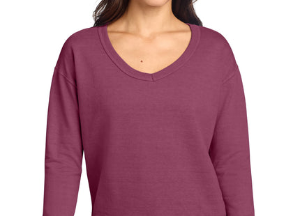 Port & Co Women's Beach Wash GarmentDyed VNeck Sweatshirt LPC098V Vintage Raspberry