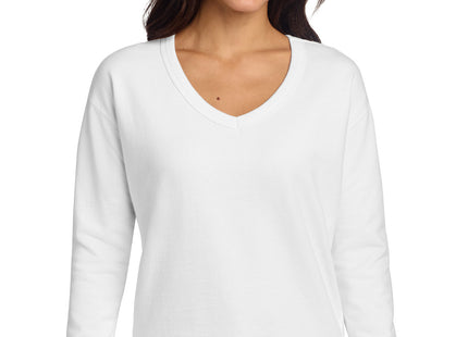 Port & Co Women's Beach Wash GarmentDyed VNeck Sweatshirt LPC098V White