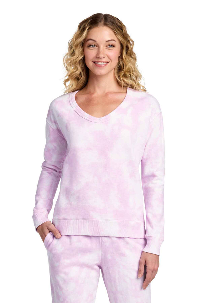 Port & Co Women's Beach Wash Cloud TieDye VNeck Sweatshirt LPC140V