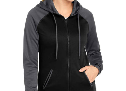 SportTek Women's SportWick Varsity Fleece FullZip Hooded Jacket LST236 Black Dark Smoke Grey